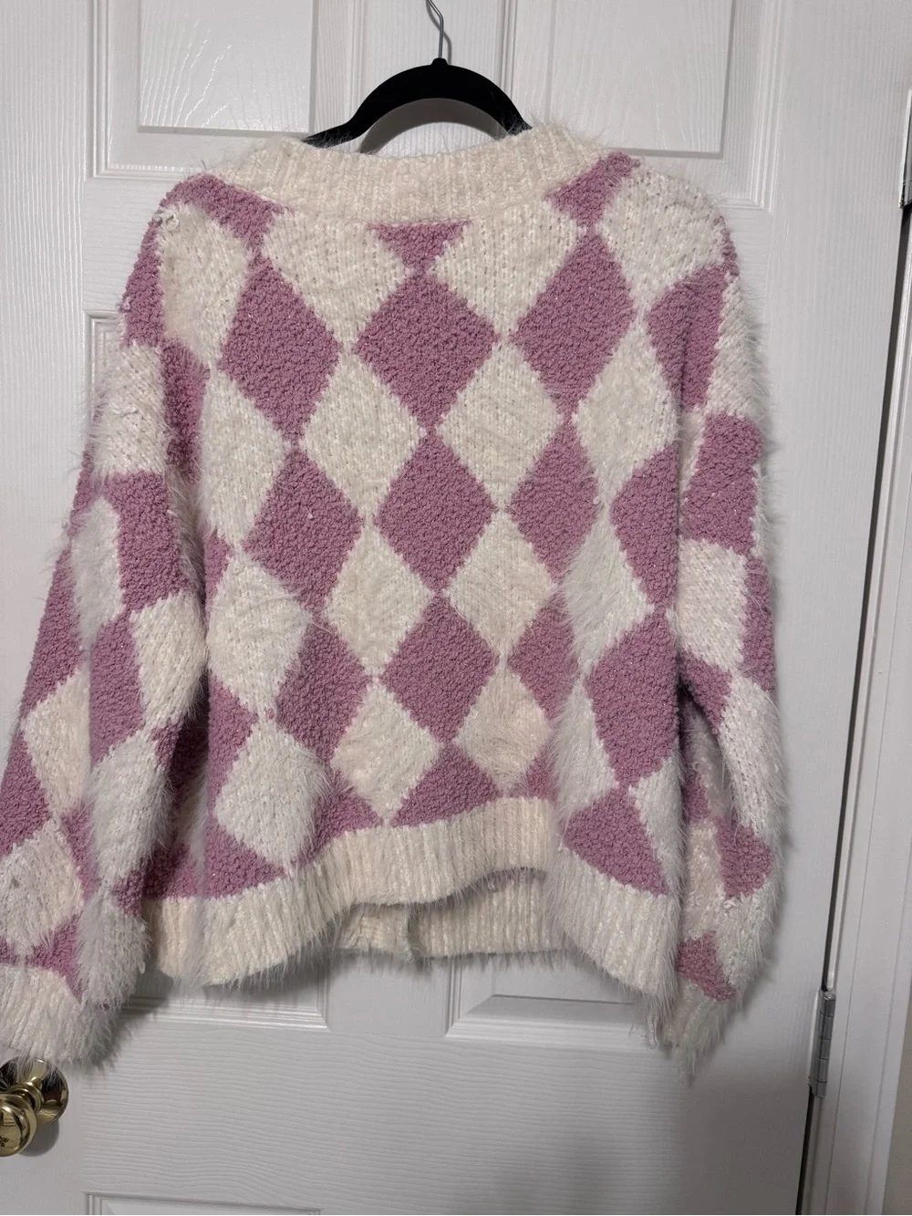 POL Pink and Cream Argyle Fuzzy Button-Front Cardigan oversized